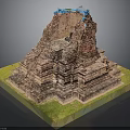 Ancient Architectural Structure with Multiple Tiered Stone Steps and Blue Elements on Green Grass Base