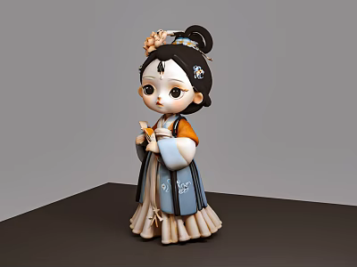 Traditional Woman In Elegant Costume With Hair Bun And Floral Accessories 3d model