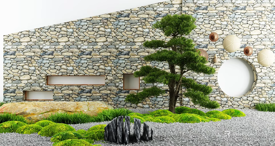 Courtyard Garden With Stone Wall Small Windows Pine Tree Green Grass Pebbles And Black Stone Decorations 3d model 