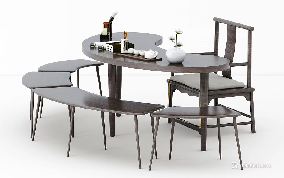 Traditional Wooden Tea Table and Chairs Set with Tea Utensils and Vase Decorations 3d model 