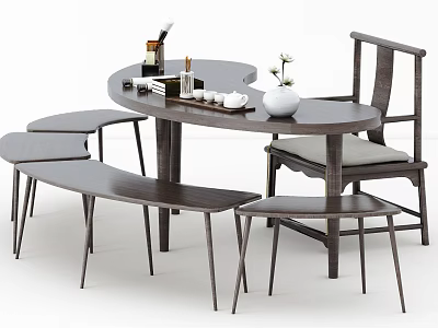 Traditional Wooden Tea Table and Chairs Set with Tea Utensils and Vase Decorations 3d model