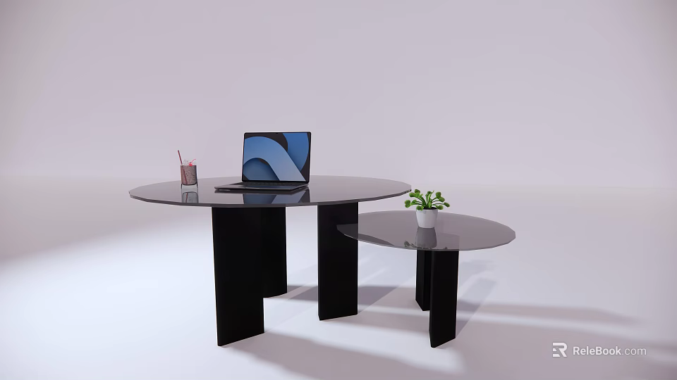 Modern Round Tables With Laptop Cup And Small Green Plant On Surface 3d model 