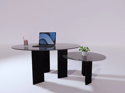 Modern Round Tables With Laptop Cup And Small Green Plant On Surface 3d model
