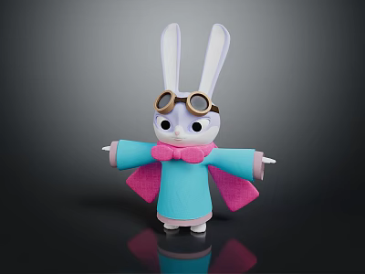 Cute 3D Rabbit Character With Brown Goggles Blue Outfit And Pink Scarf 3d model