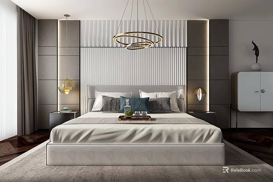 Elegant Modern Double Bed with Vertical Striped Background and Gold Pendant Lights 3d model