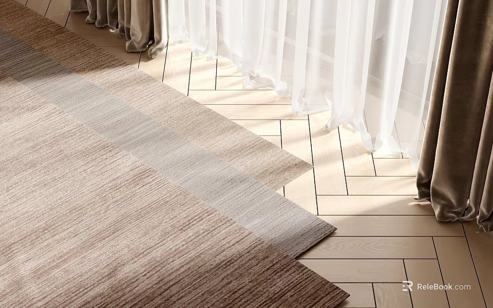 Light Brown and Gray Woven Square Rug on Herringbone Light Wood Floor with White Curtains 3d model 