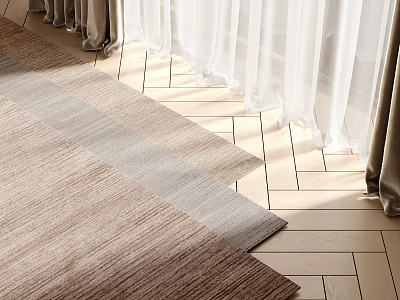 Light Brown and Gray Woven Square Rug on Herringbone Light Wood Floor with White Curtains 3d model