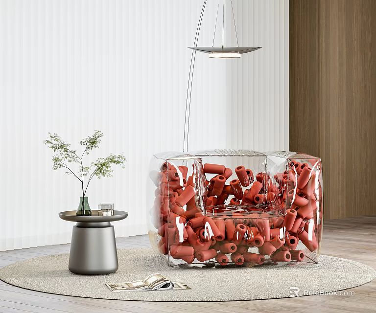 Transparent Single Sofa Filled With Red Cylindrical Objects And Small Table With Green Plant 3d model