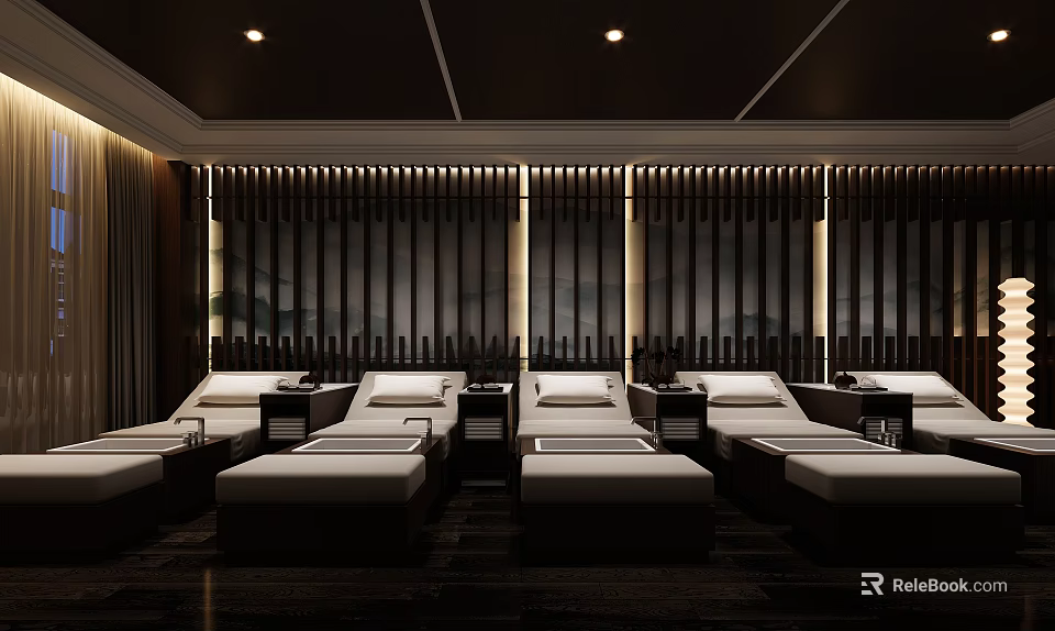Luxurious SPA Sauna Room With White Lounge Chairs Dark Vertical Striped Background And Recessed Lighting 3d model 