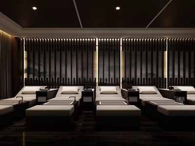 Luxurious SPA Sauna Room With White Lounge Chairs Dark Vertical Striped Background And Recessed Lighting 3d model