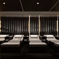 Luxurious SPA Sauna Room With White Lounge Chairs Dark Vertical Striped Background And Recessed Lighting