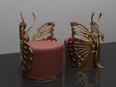 Artistic Golden Butterfly Wing Design Stools With Pink Upholstered Seats And Metal Frames 3d model
