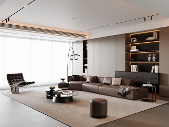 Modern Italian Living Room Sofa Coffee Table Combination Leather Sofa Bookcase Decorative Cabinet Italian Light Luxury Sofa Background Wall Floor Lamp Dream Curtain Stool Pendulum 3d model