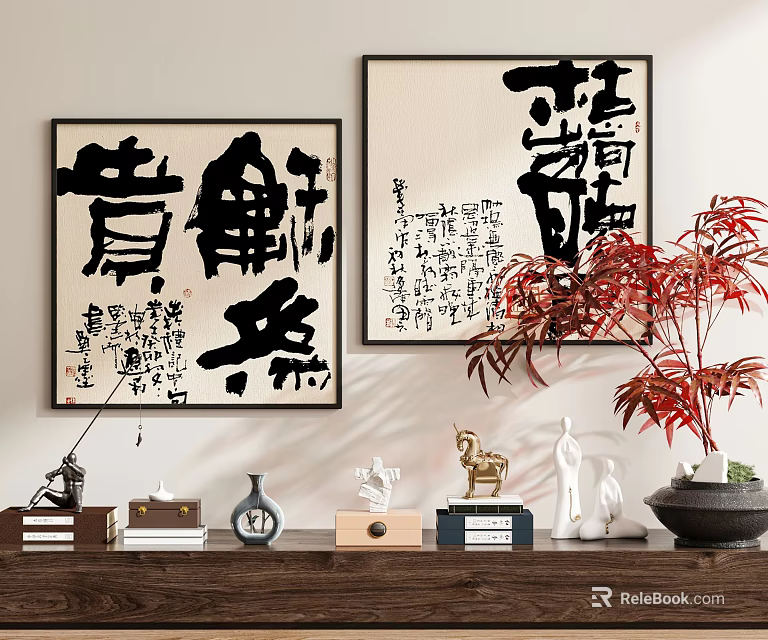 Abstract Calligraphy Paintings on Wall with Decorative Items Vases and Red Leaf Plant 3d model 