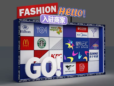 Fashion Themed Window Display With Multiple Brand Logos Hello Go Elements 3d model