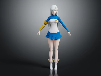 Anime Style Female Character With Long Silver Hair And Blue White Outfit Accompanied By Fantasy Creature Companion 3d model