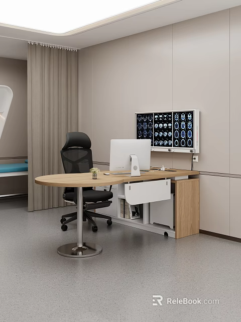 Modern Medical Examination Room With Desk Computer Medical Imaging Screen Chair And Bed 3d model 