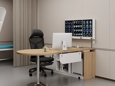 Modern Medical Examination Room With Desk Computer Medical Imaging Screen Chair And Bed 3d model