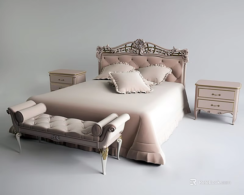 Elegant Classic Double Bed with Ornate Carved Headboard Decorative Pillows Matching Nightstands and Upholstered Footstool 3d model 