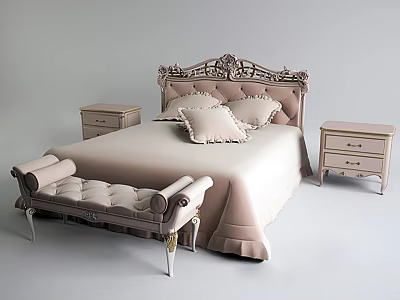 Elegant Classic Double Bed with Ornate Carved Headboard Decorative Pillows Matching Nightstands and Upholstered Footstool 3d model