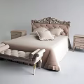 Elegant Classic Double Bed with Ornate Carved Headboard Decorative Pillows Matching Nightstands and Upholstered Footstool