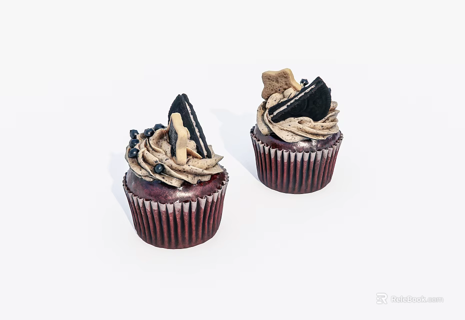 Tasty Dark Brown Cupcakes With Chocolate Cream Frosting Oreo Cookies And Berries 3d model 