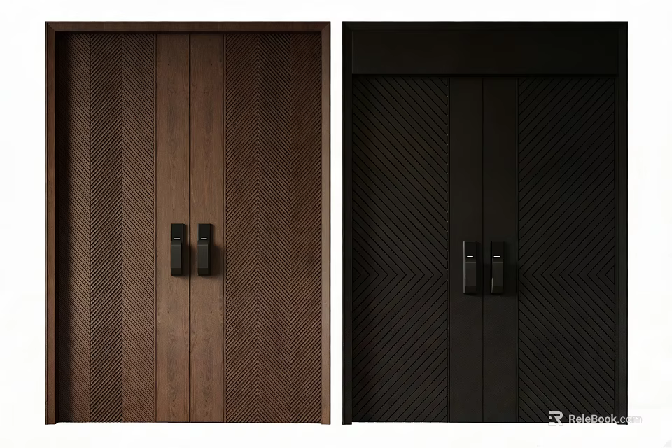 Wooden And Black Double Doors With Herringbone Pattern And Textured Design 3d model 
