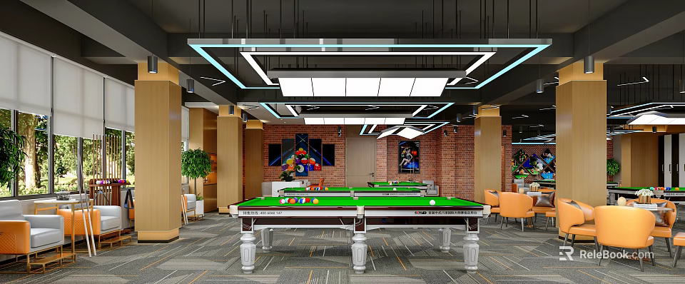 Modern Billiard Room Interior With Green Pool Tables Modern Lighting Orange Chairs And Brick Walls 3d model 