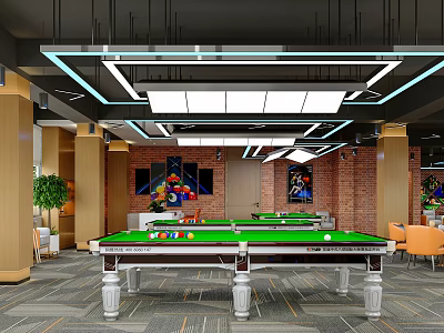 Modern Billiard Room Interior With Green Pool Tables Modern Lighting Orange Chairs And Brick Walls 3d model