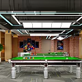 Modern Billiard Room Interior With Green Pool Tables Modern Lighting Orange Chairs And Brick Walls