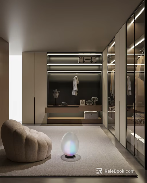 Modern Walk in Closet Interior Design With Storage Lighting And Seating 3d model