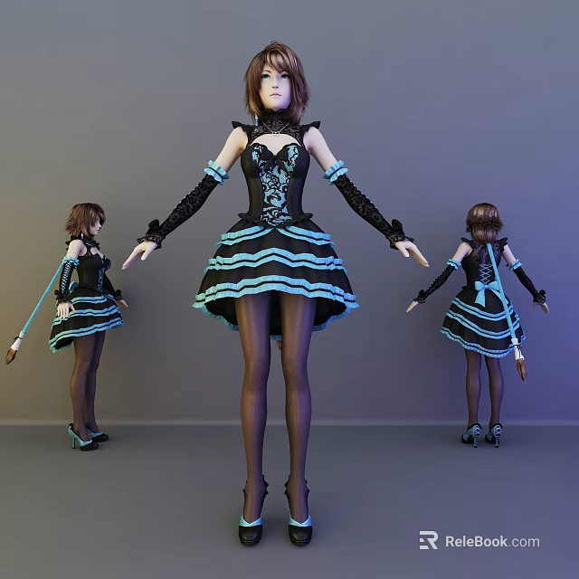 Game Movie Character Costume Design Black Blue Dress Long Gloves Stockings High Heels Staff Views 3d model 