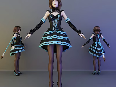 Game Movie Character Costume Design Black Blue Dress Long Gloves Stockings High Heels Staff Views 3d model