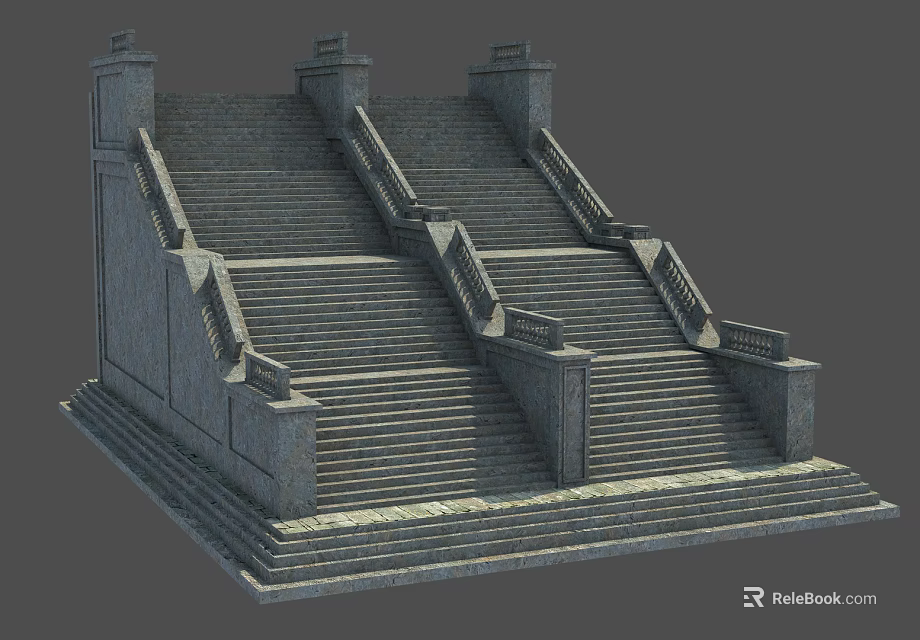 Stone Staircase With Ornate Railings Stone Columns And Double Flight Design 3d model