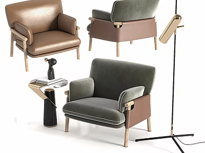 Modern Brown And Green Leisure Sofa Set With Wooden Legs Side Table And Floor Lamp 3d model