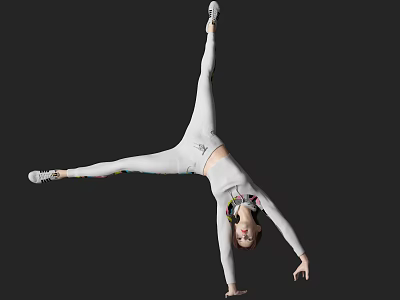 Female Performer Doing Handstand in White Leotard Against Black Background 3d model