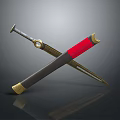 Crossed Swords With Red And Metallic Handles On Dark Background Surface 3d model