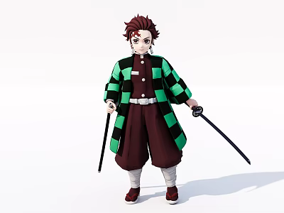Anime Game Character With Brown Hair Green Black Coat White Belt Holding Two Swords 3d model