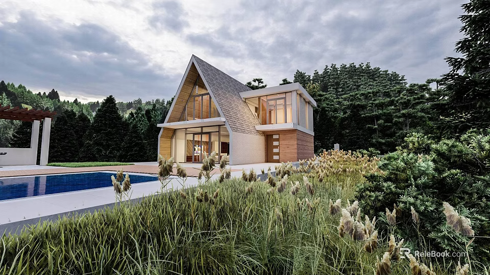 Modern Detached Villa Exterior Design With Gabled Roof Large Windows And Swimming Pool Garden 3d model 