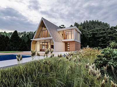 Modern Detached Villa Exterior Design With Gabled Roof Large Windows And Swimming Pool Garden 3d model