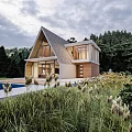 Modern Detached Villa Exterior Design With Gabled Roof Large Windows And Swimming Pool Garden