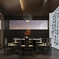 Chinese Style Private Dining Box With Wooden Decor Calligraphy Wall Chandelier Round Table And Chairs