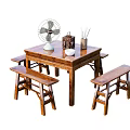 Rustic Wooden Dining Table Set with Benches Fan and Tabletop Decor 3d model