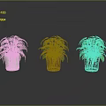 Three Potted Green Plants With Different Colored Pots On Shiny Reflective Surface