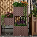 Decorative Wooden Garden Planters With Various Plants Different Sizes And Stone Accents
