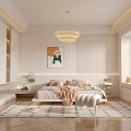 Modern Bedroom Interior Featuring Cozy Bed Pendant Light Artwork And Neutral Tones 3d model