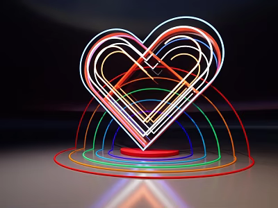 Heart Shaped Neon Light Art Installation With Colorful Rings And Reflective Base 3d model