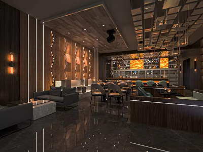 Modern Bar Interior Design With Wooden Elements Geometric Patterns Lighting And Comfortable Seating 3d model