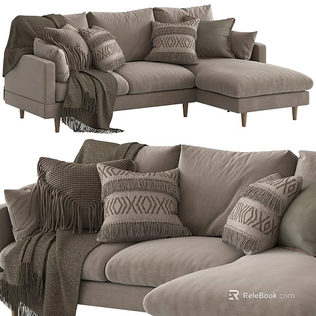 Comfortable Sectional Sofa Featuring Neutral Upholstery Patterned Pillows And Soft Throw Blanket 3d model