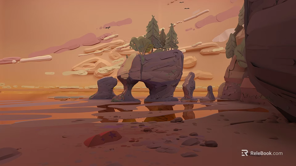 Microlandform Landscape with Rock Formations Trees and Water Reflections under Orange Sky 3d model 